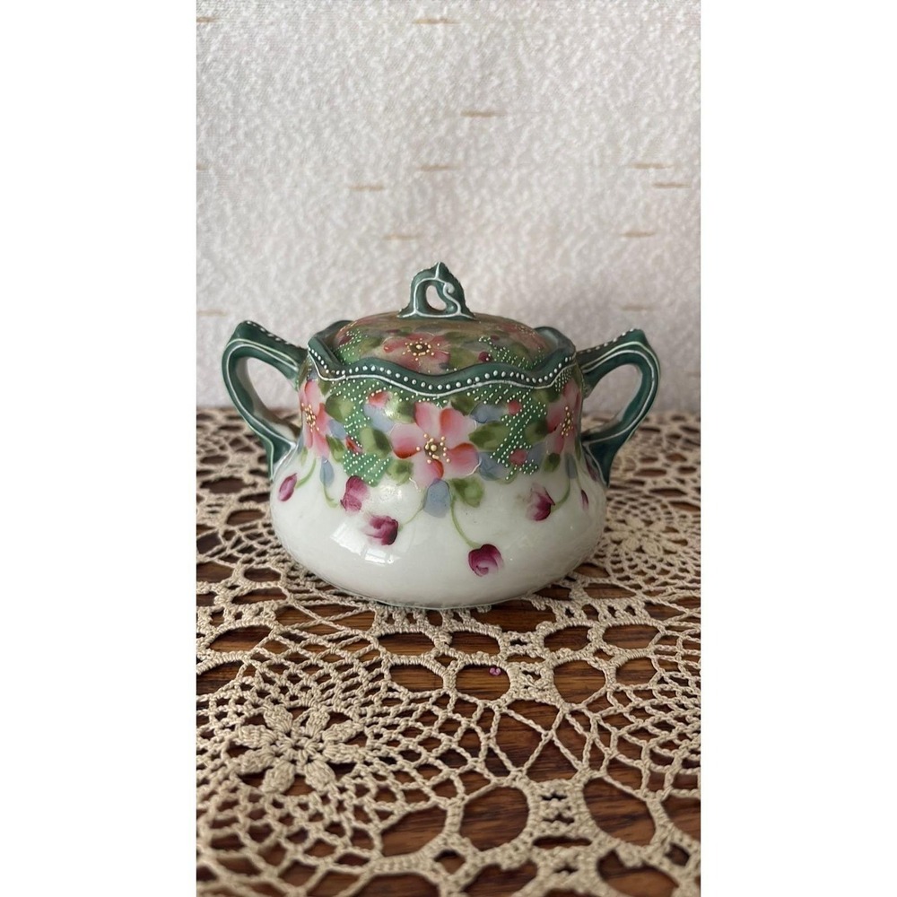 Antique Hand Painted Japanese Moriage Covered Sugar Bowl